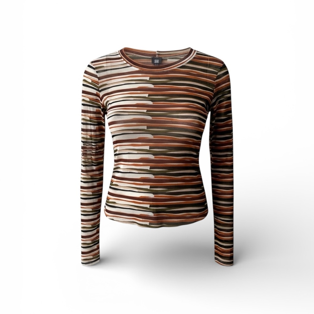Lilith Sheer Mesh Striped Long Sleeve Top M/L